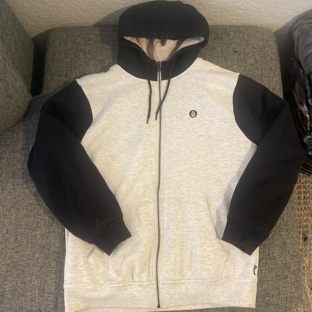 Volcom Men’s Two-Tone Beige & Black Fleece-Lined Full-Zip Hoodie